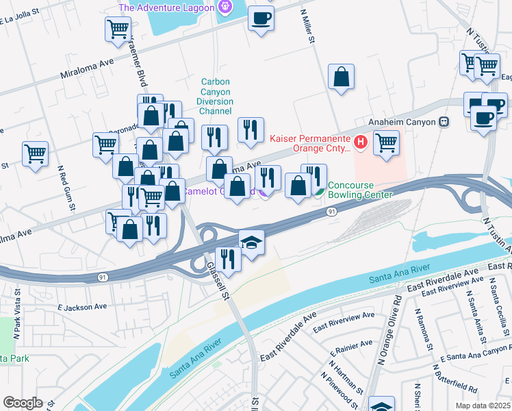 map of restaurants, bars, coffee shops, grocery stores, and more near 325 North Shepard Street in Anaheim