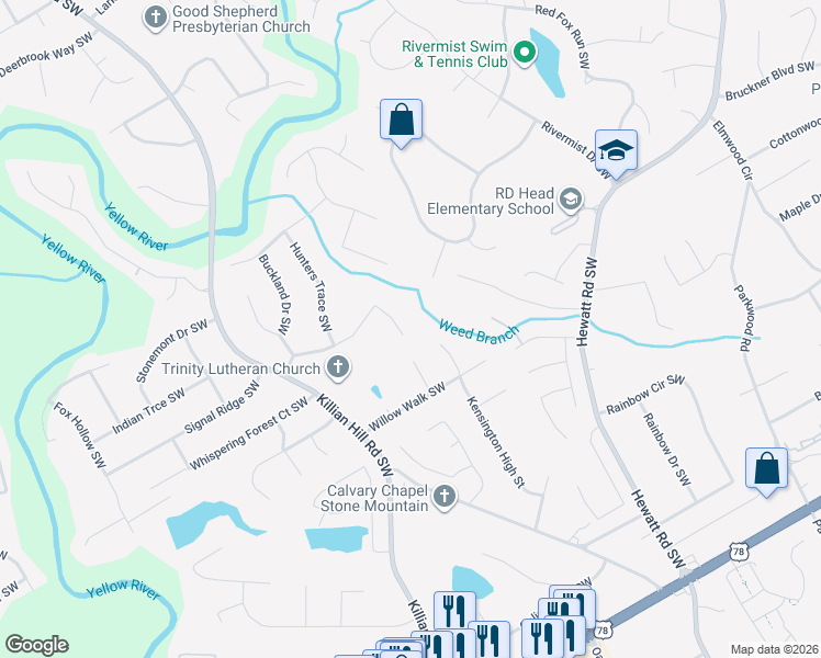 map of restaurants, bars, coffee shops, grocery stores, and more near 1964 Windcrest Drive Southwest in Lilburn