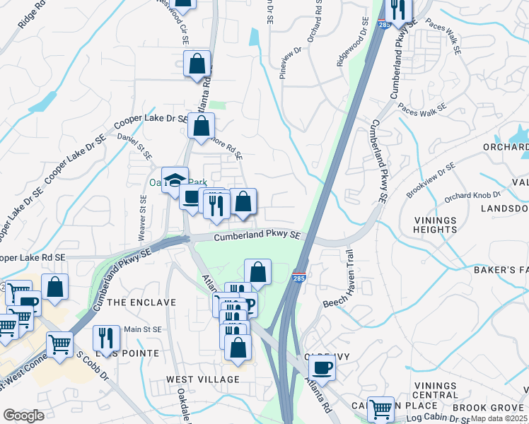 map of restaurants, bars, coffee shops, grocery stores, and more near 2265 Norbury Drive in Smyrna