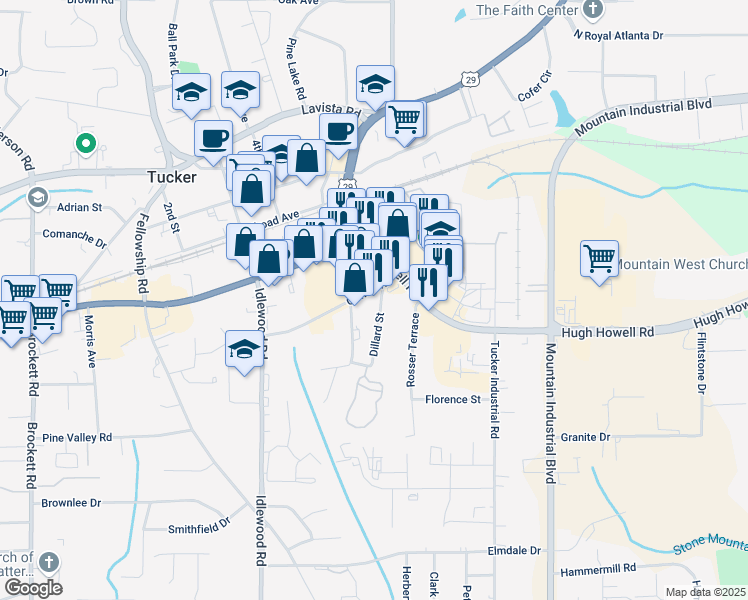map of restaurants, bars, coffee shops, grocery stores, and more near 4437 Cowan Road in Tucker