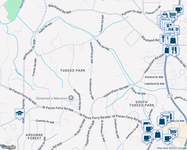 map of restaurants, bars, coffee shops, grocery stores, and more near 3489 Knollwood Drive Northwest in Atlanta