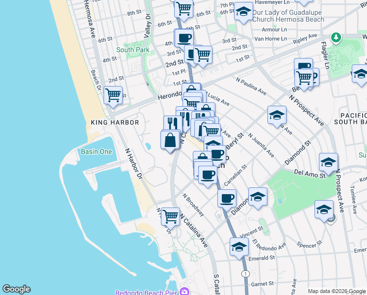 map of restaurants, bars, coffee shops, grocery stores, and more near 545 North Gertruda Avenue in Redondo Beach