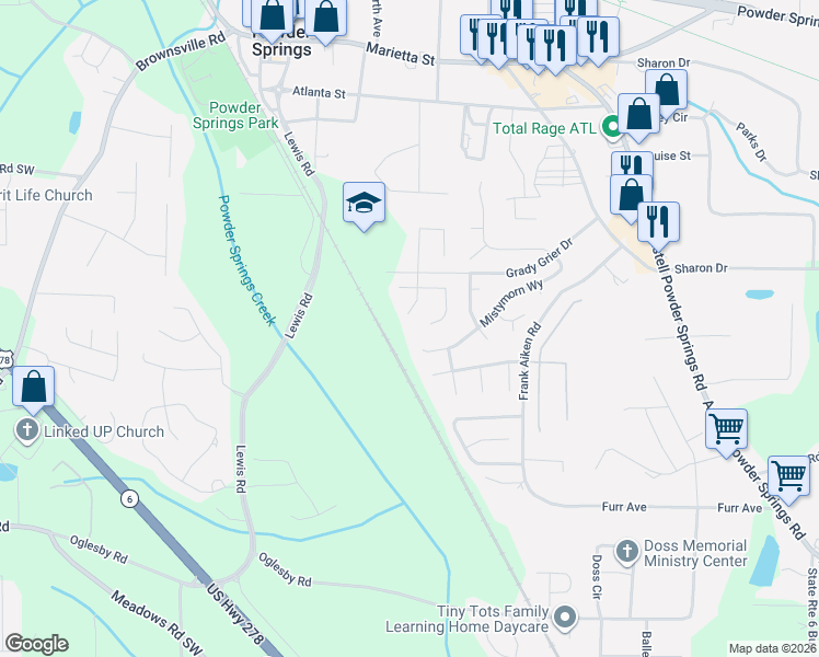 map of restaurants, bars, coffee shops, grocery stores, and more near 4212 New Towne Drive in Powder Springs