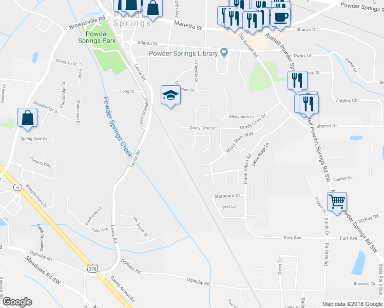 map of restaurants, bars, coffee shops, grocery stores, and more near 4215 New Towne Drive in Powder Springs