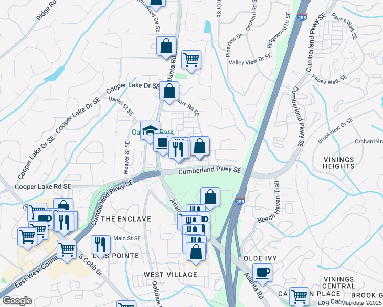 map of restaurants, bars, coffee shops, grocery stores, and more near 4385 Bridgehaven Drive Southeast in Smyrna