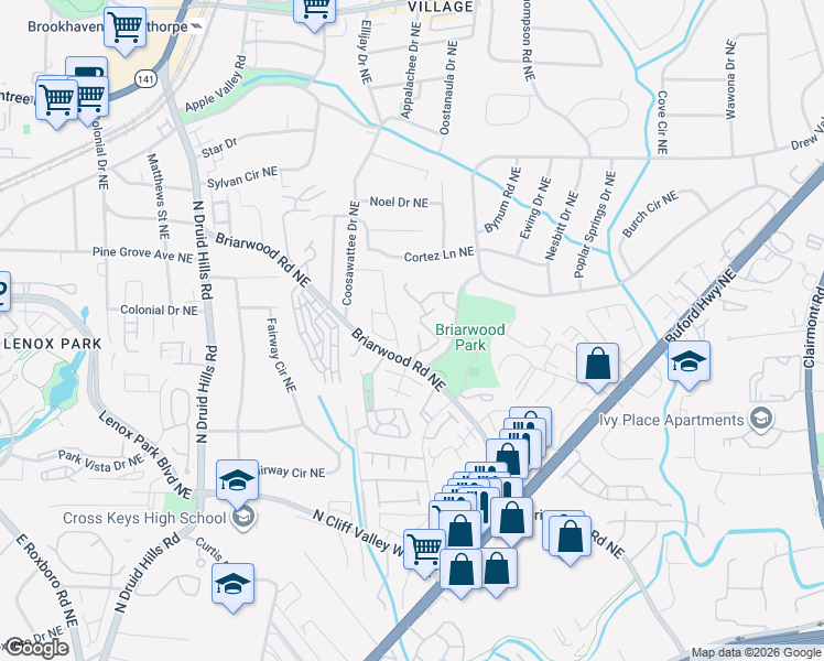 map of restaurants, bars, coffee shops, grocery stores, and more near 1468 Briarwood Road Northeast in Brookhaven