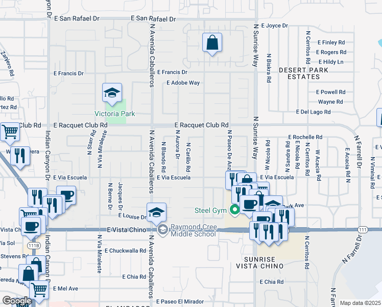 map of restaurants, bars, coffee shops, grocery stores, and more near 2300 North Carillo Road in Palm Springs