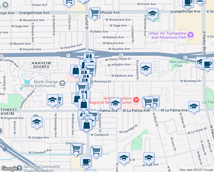 map of restaurants, bars, coffee shops, grocery stores, and more near 1197 North Arbor Street in Anaheim