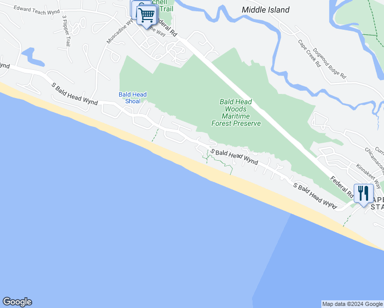 map of restaurants, bars, coffee shops, grocery stores, and more near 9 Scotch Bonnet Lane in Bald Head Island