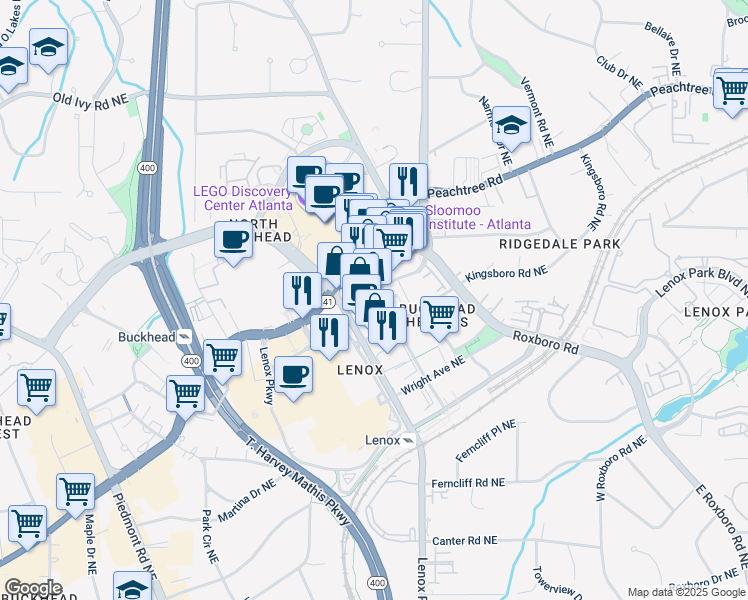 map of restaurants, bars, coffee shops, grocery stores, and more near 3455 Peachtree Road Northeast in Atlanta