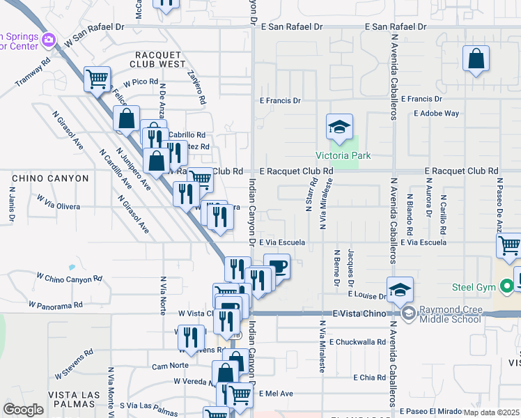map of restaurants, bars, coffee shops, grocery stores, and more near 199 West Vía Olivera in Palm Springs