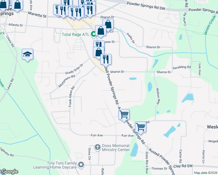map of restaurants, bars, coffee shops, grocery stores, and more near 4294 Austell Powder Springs Road Southwest in Powder Springs
