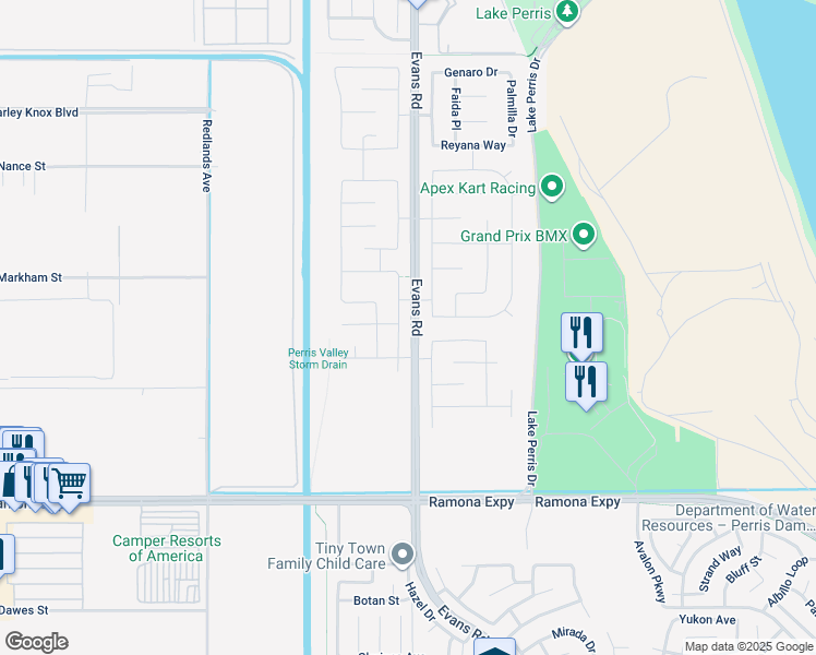 map of restaurants, bars, coffee shops, grocery stores, and more near 4310 Almaterra Drive in Perris