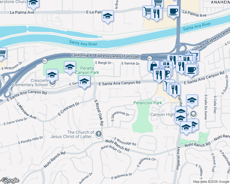 map of restaurants, bars, coffee shops, grocery stores, and more near 121 South Panorama Drive in Anaheim