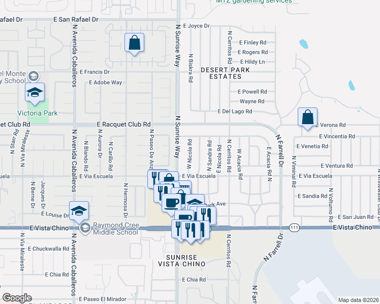 map of restaurants, bars, coffee shops, grocery stores, and more near 2315 East Nicola Road in Palm Springs