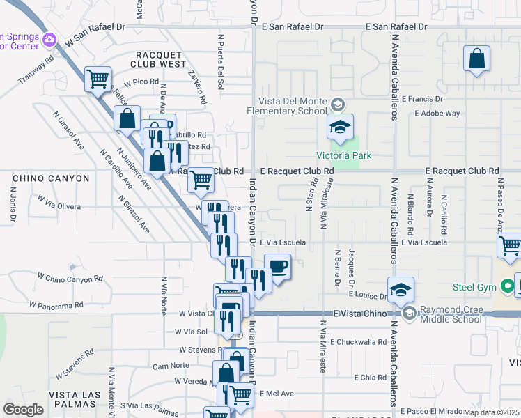 map of restaurants, bars, coffee shops, grocery stores, and more near 199 West Vía Olivera in Palm Springs
