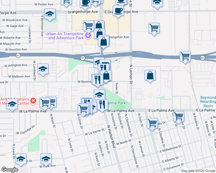 map of restaurants, bars, coffee shops, grocery stores, and more near in Anaheim