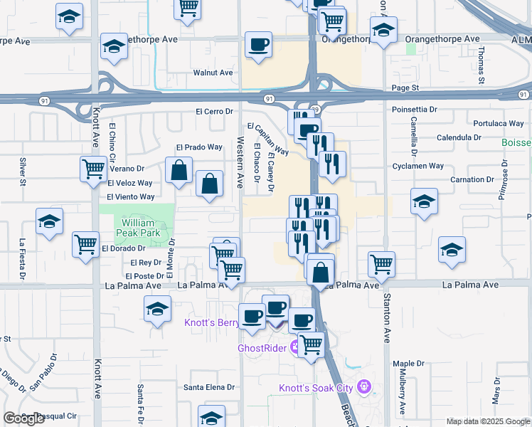 map of restaurants, bars, coffee shops, grocery stores, and more near 7733 Beach Boulevard in Buena Park