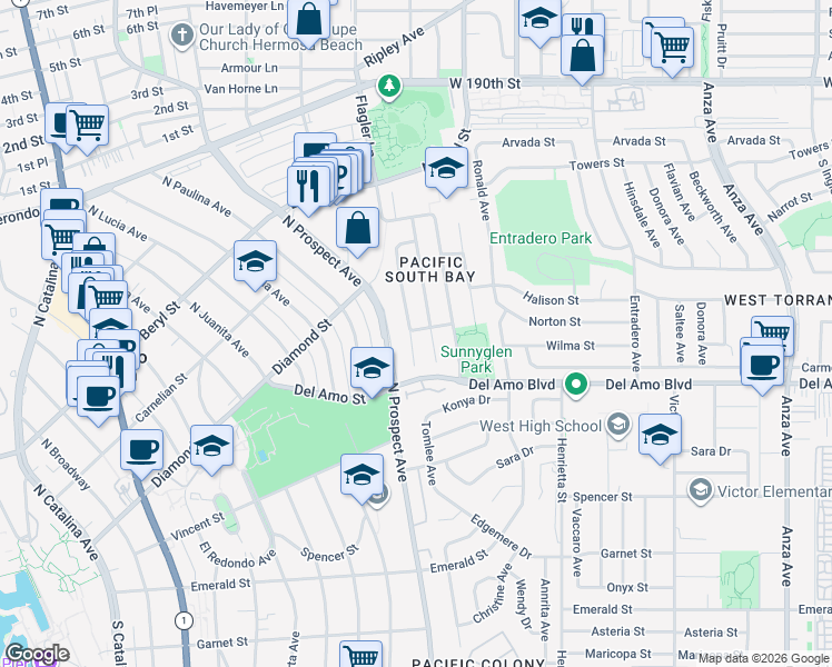 map of restaurants, bars, coffee shops, grocery stores, and more near 19928 Tomlee Avenue in Torrance