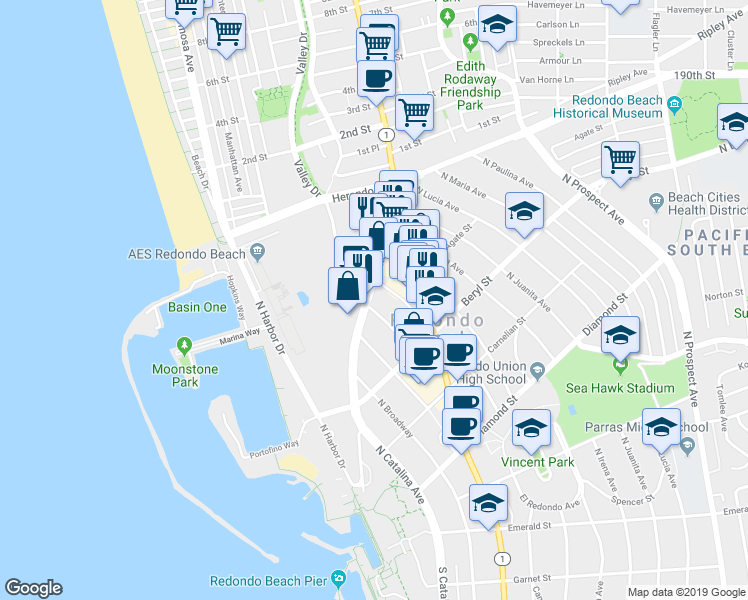 map of restaurants, bars, coffee shops, grocery stores, and more near 545 North Gertruda Avenue in Redondo Beach
