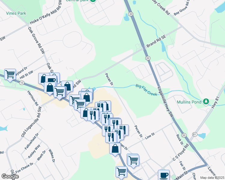 map of restaurants, bars, coffee shops, grocery stores, and more near 3965 Pecan Street in Loganville