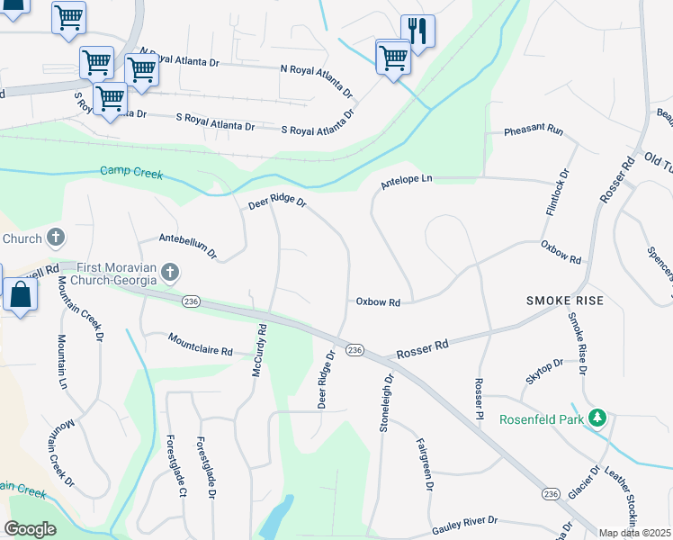 map of restaurants, bars, coffee shops, grocery stores, and more near 2244 Deer Ridge Drive in Stone Mountain