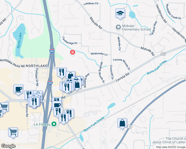 map of restaurants, bars, coffee shops, grocery stores, and more near 2242 Winding Way in Tucker