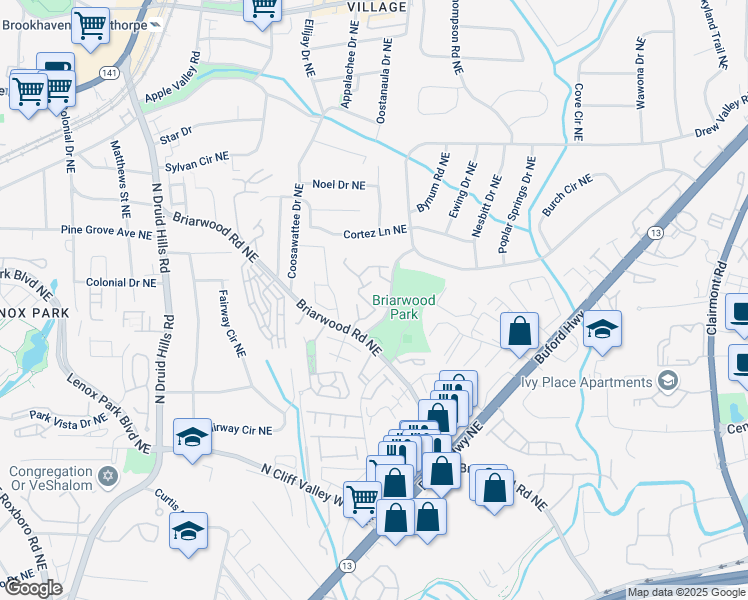 map of restaurants, bars, coffee shops, grocery stores, and more near 1470 Briarwood Road Northeast in Brookhaven