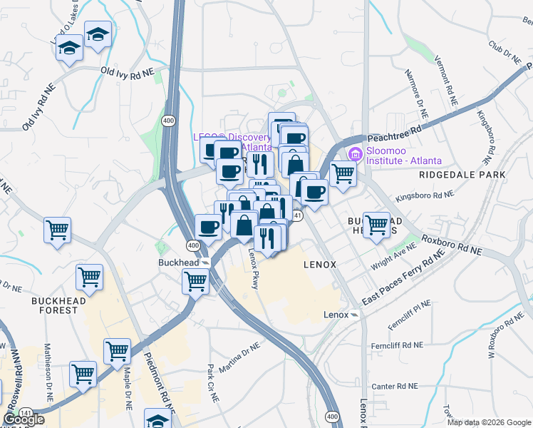map of restaurants, bars, coffee shops, grocery stores, and more near in Atlanta