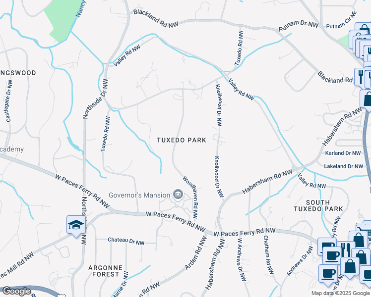 map of restaurants, bars, coffee shops, grocery stores, and more near 3497 Woodhaven Road Northwest in Atlanta
