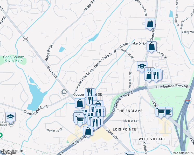 map of restaurants, bars, coffee shops, grocery stores, and more near 1848 Tristan Drive Southeast in Smyrna