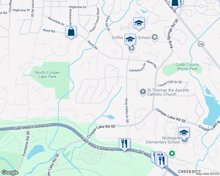 map of restaurants, bars, coffee shops, grocery stores, and more near 1030 Queensgate Drive Southeast in Smyrna