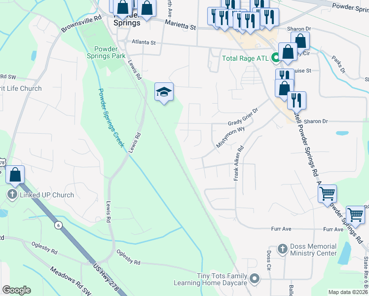map of restaurants, bars, coffee shops, grocery stores, and more near 4215 New Towne Drive in Powder Springs
