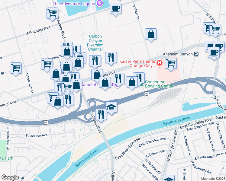 map of restaurants, bars, coffee shops, grocery stores, and more near 325 North Shepard Street in Anaheim