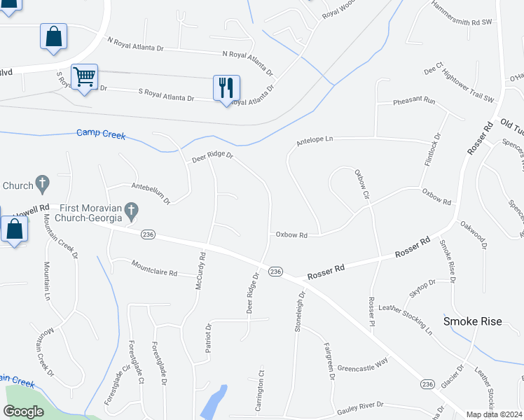 map of restaurants, bars, coffee shops, grocery stores, and more near 2244 Deer Ridge Drive in Stone Mountain