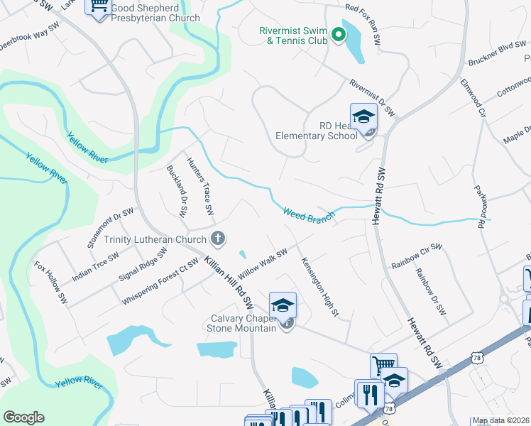 map of restaurants, bars, coffee shops, grocery stores, and more near 1964 Windcrest Drive Southwest in Lilburn