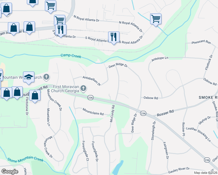 map of restaurants, bars, coffee shops, grocery stores, and more near 5012 Antebellum Drive in Stone Mountain