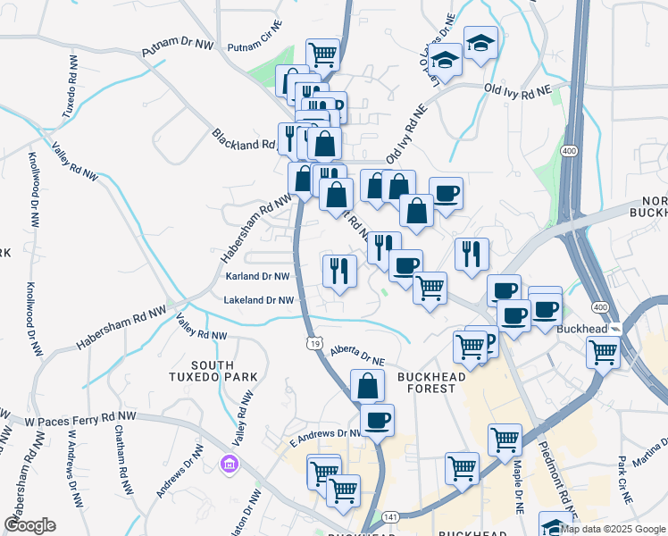 map of restaurants, bars, coffee shops, grocery stores, and more near 3437 Landen Pine Court NorthEast in Atlanta