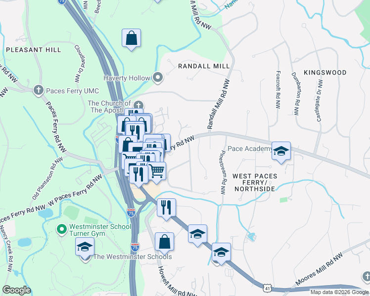 map of restaurants, bars, coffee shops, grocery stores, and more near 1155 West Paces Ferry Road Northwest in Atlanta