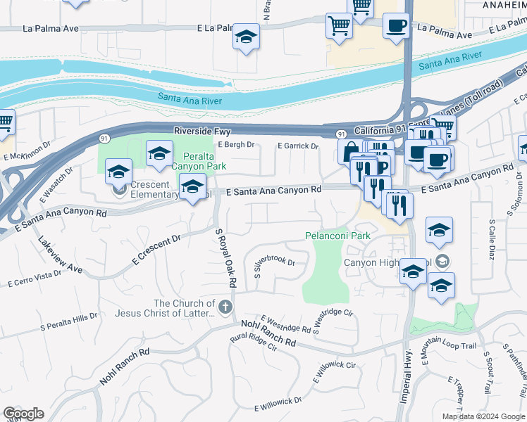 map of restaurants, bars, coffee shops, grocery stores, and more near 121 South Panorama Drive in Anaheim