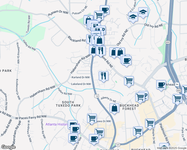 map of restaurants, bars, coffee shops, grocery stores, and more near 3491 U.S. 19 in Atlanta
