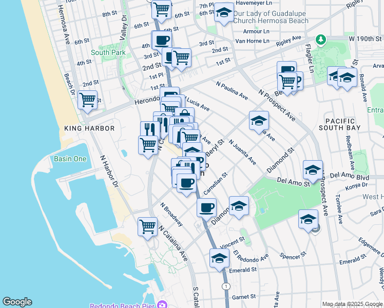 map of restaurants, bars, coffee shops, grocery stores, and more near 543 North Pacific Coast Highway in Redondo Beach