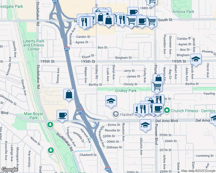 map of restaurants, bars, coffee shops, grocery stores, and more near 11448 Bertha Street in Cerritos