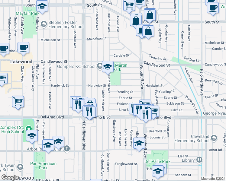 map of restaurants, bars, coffee shops, grocery stores, and more near 5713 Yearling Street in Lakewood
