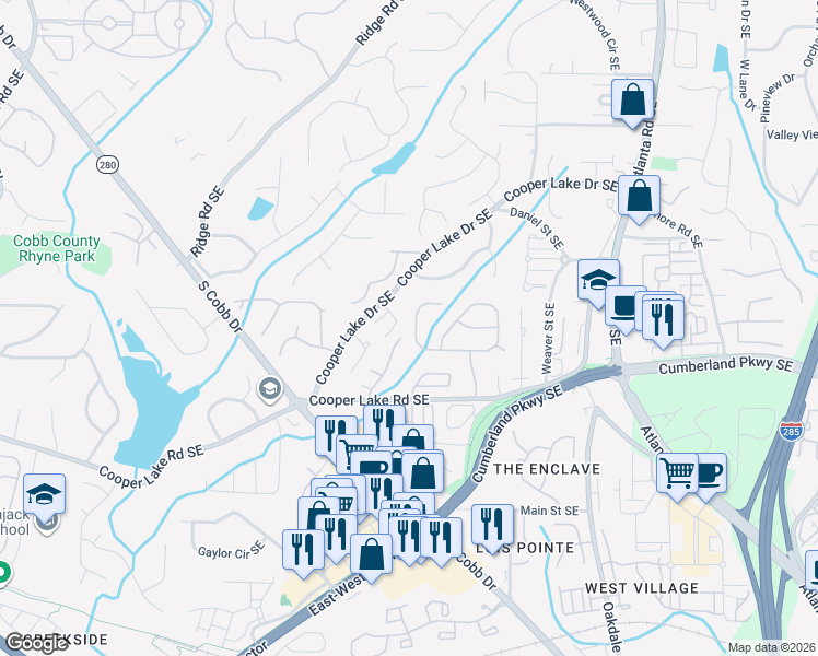 map of restaurants, bars, coffee shops, grocery stores, and more near 1848 Tristan Drive Southeast in Smyrna