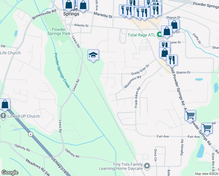 map of restaurants, bars, coffee shops, grocery stores, and more near 4215 Morningside Way in Powder Springs