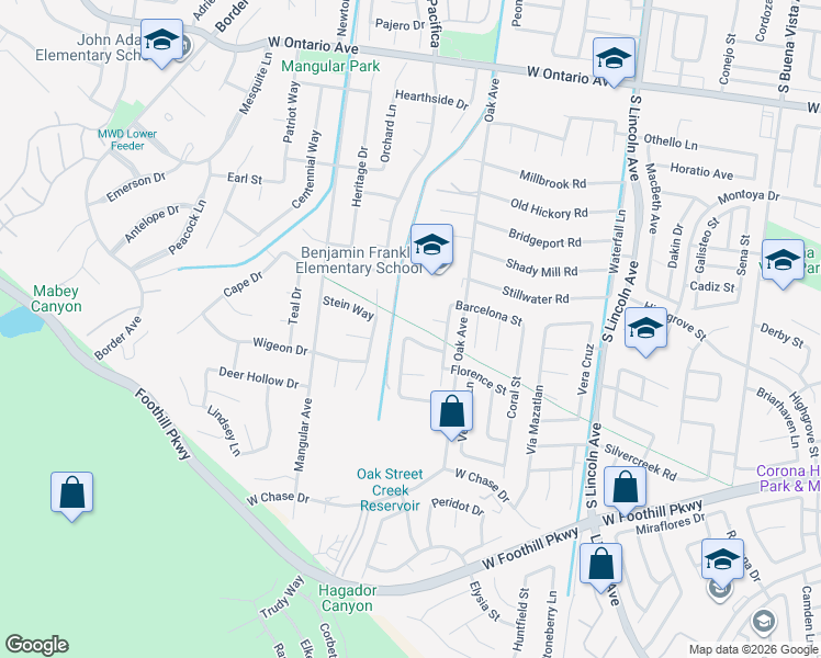 map of restaurants, bars, coffee shops, grocery stores, and more near 1383 Williamsburg Lane in Corona
