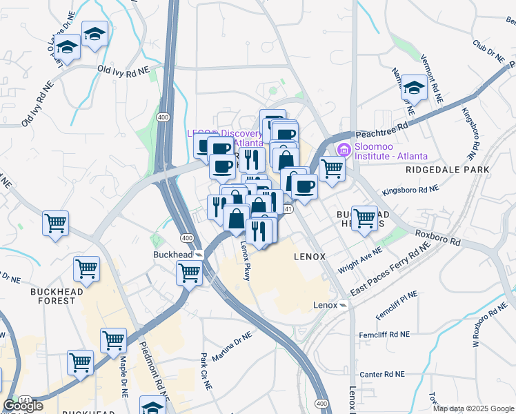 map of restaurants, bars, coffee shops, grocery stores, and more near 3414 Peachtree Road in Atlanta
