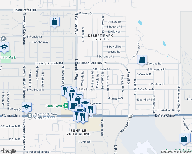 map of restaurants, bars, coffee shops, grocery stores, and more near 2295 East Nicola Road in Palm Springs