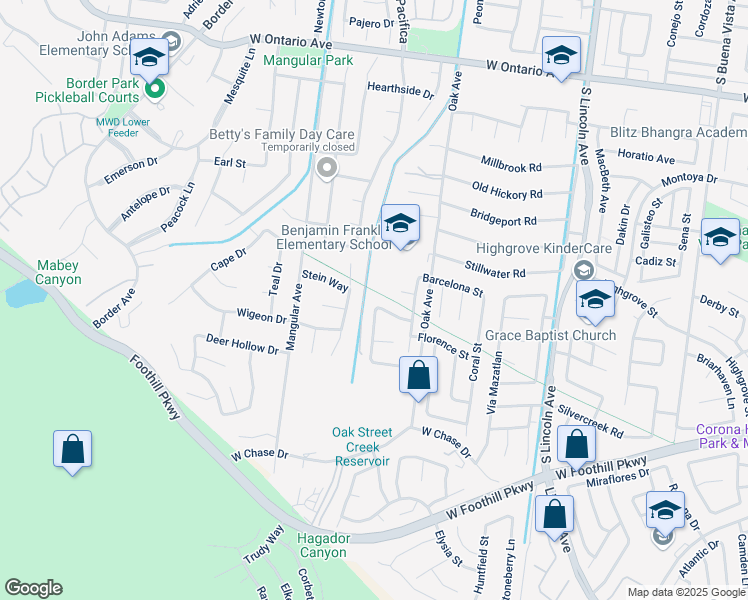 map of restaurants, bars, coffee shops, grocery stores, and more near 1383 Williamsburg Lane in Corona
